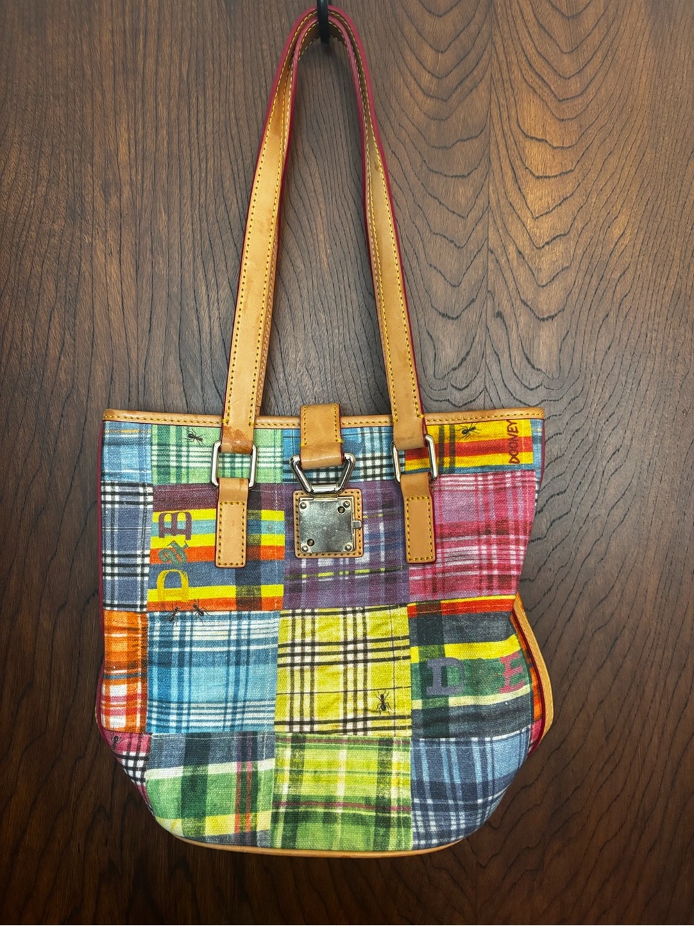 Dooney and Burke Patchwork Plaid Tote Bag with Tan Leather Straps